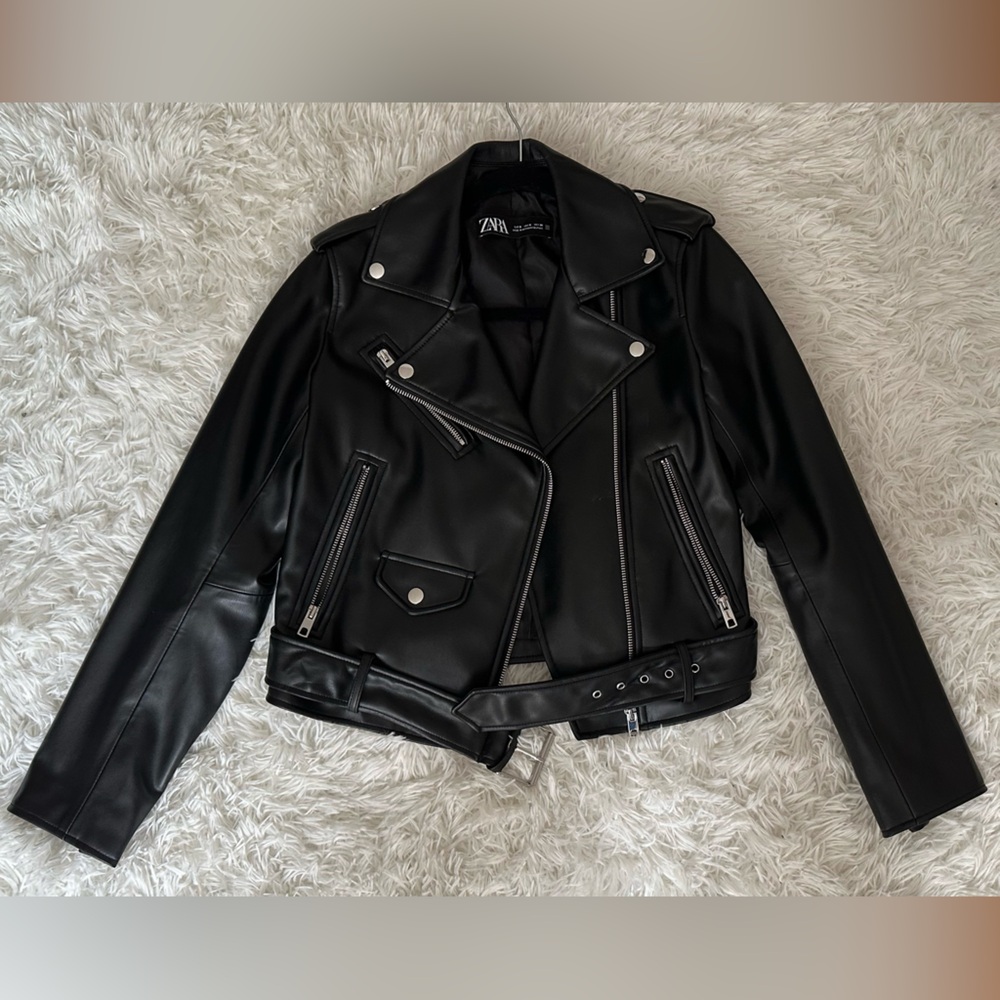 ZARA Women's Black Biker Jacket, Faux Leather, US S